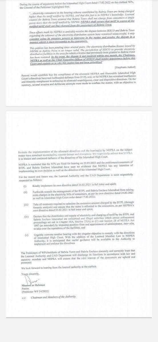 SOBEROfficial2's tweet photo. *GOOD DEVELOPMENT: 
SOBER legal Counsel in the aforeimaged letter, addressed to NEPRA, has again asked to the latter to to give effect to its own directive of 24-2-2021 vis-a-vis BTPL regarding payment of the same electricity tariff as determined by IESCO. https://t.co/OjOThasZLh