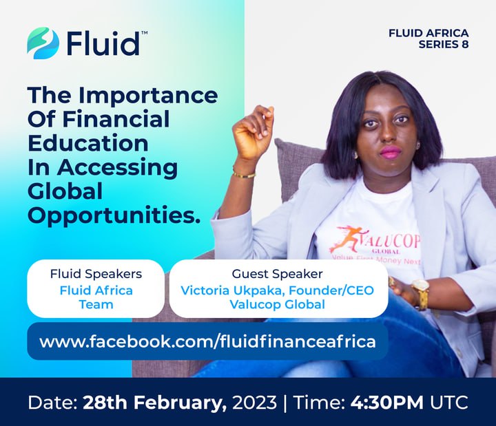 📣 Join us for a Facebook live session with Victoria Ukpaka, CEO of Valucop Global, as she discusses the importance of financial education in accessing global opportunities. 💰🌍

Don't miss out on this insightful discussion at facebook.com/fluidfinanceAf… 
#FluidFinance $FLUID