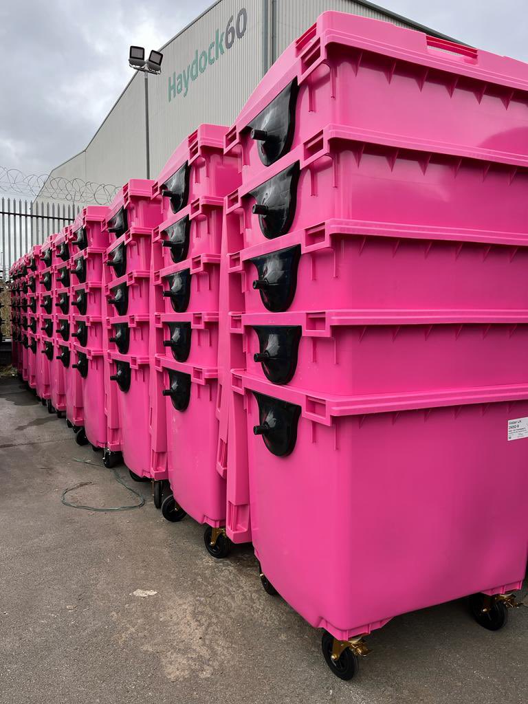 weberbins's tweet photo. They have arrived. You have seen our @pink mini bins. Now we have gone large. University of Bolton Stadium they are ready for the Carnival tour. It’s a #TRUSTFALL baby. https://t.co/YzuDyZfeHC