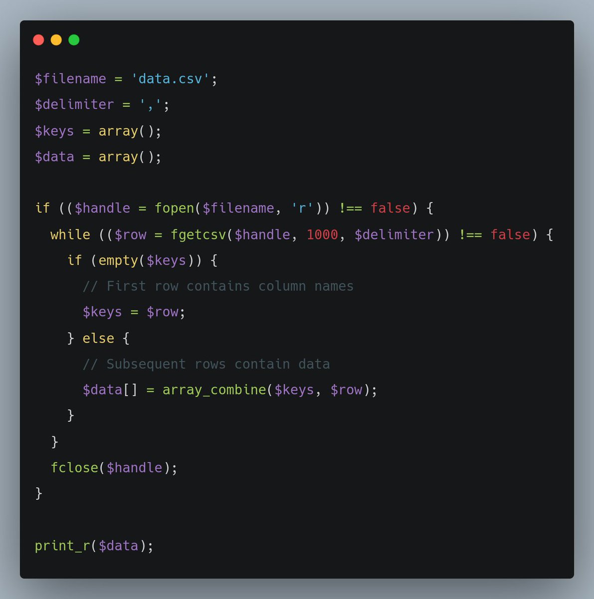 FlipXAds's tweet image. To create a PHP dictionary (associative array) from CSV data, you can use the built-in #fgetcsv function to parse the CSV file and convert each row to an array. validphp.com/create-a-dicti…