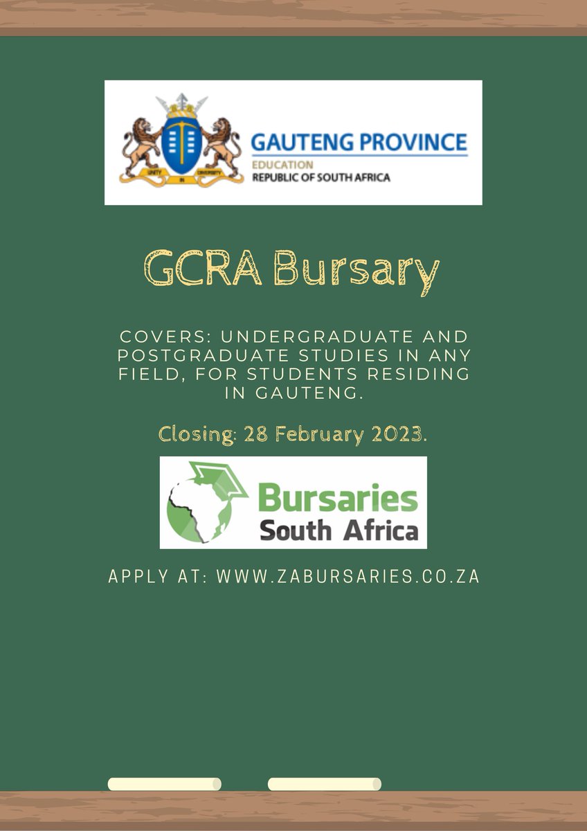 SABursaries's tweet photo. REMINDER: The GCRA Bursary is closing on 28 February 2023. APPLY HERE NOW: https://t.co/LZoE9Xhckz
It is open to students residing in Gauteng, for Undergraduate and Postgraduate studies in ANY field
#bursary #bursaries #SABursaries #ZABursaries #2023Bursary #GCRABursary #GCRA https://t.co/8jqPogF2jg
