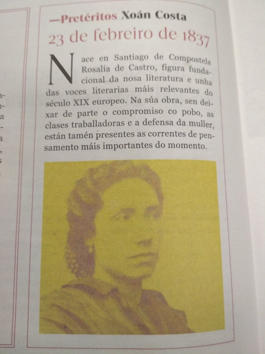 #TalDíaComaHoxe nacía #RosalíadeCastro #diaderosalía 
Daquelas que cantan as pombas i as frores
todos din que teñen alma de muller.
Pois eu que n 'as canto, Virxe da Paloma,
¡ai!, ¿de qué a teréi?