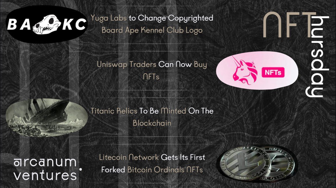 ArcanumVentures's tweet photo. Another week, another #NFThursday! 🧵⤵️
Here are some of the latest #NFT news and exciting updates from the #web3 space!
Check the thread below for all things #NFTs and share your thoughts!
- #Litecoin
- #Uniswap
- #BoredApeYachtClub
- #YugaLabs
🧵Thread Below ⤵️ https://t.co/2rzccweLuj