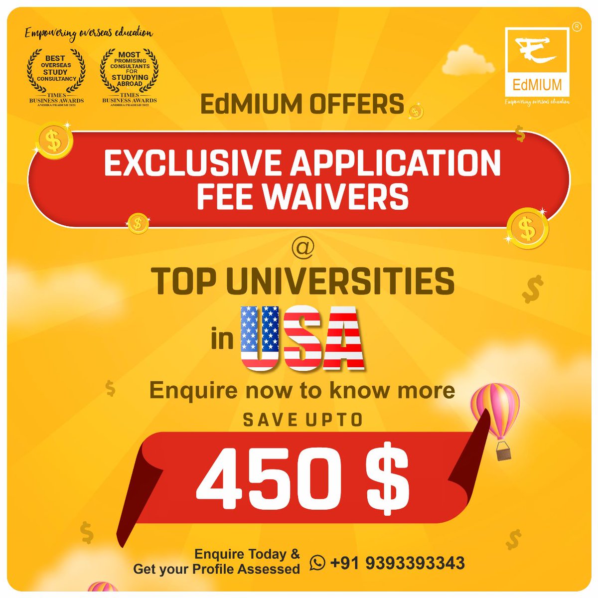 edmium's tweet photo. Edmium Offers "Exclusive Application Fee Waiver" at Top universities in USA. 
Consult now and study in USA at your dream universities.
👉Enquire now to know more
✅Save up to 450 $  
Get your profile assessed and schedule a consultation with our Experts and Counselors. https://t.co/YNVd01CvoJ