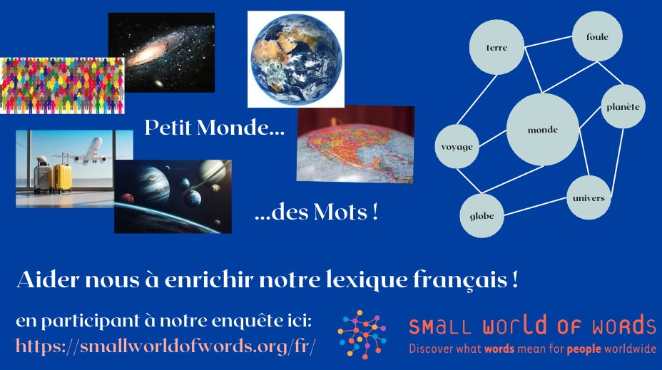 🗣️📢 Veuillez consulter le site web du Small World of Words (smallworldofwords.org/fr/) où vous pouvez nous aider à enrichir notre #lexique #français en participant à notre #rapide #enquête ! 🗣️📢