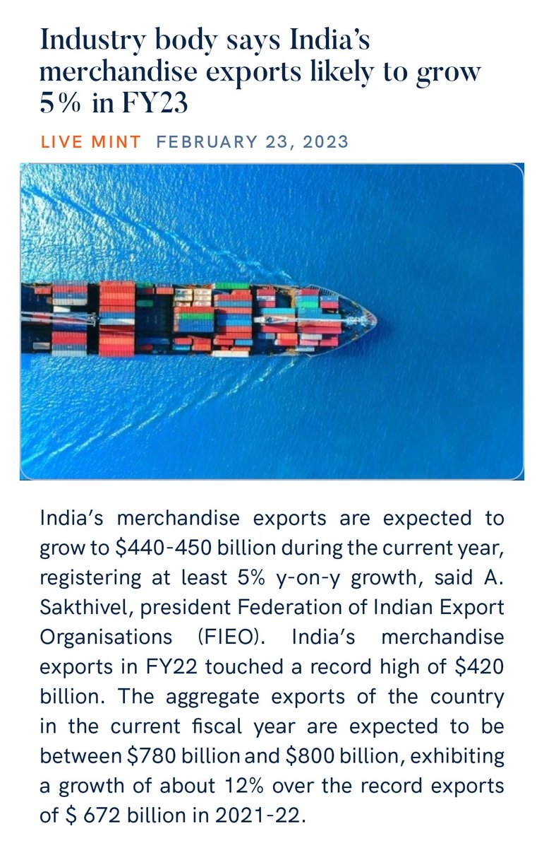 zahidpatka's tweet photo. Big jump in Exports! 🇮🇳🚢
Industry body @FieoHq says India’s merchandise exports likely to grow to $440-450 billion growth of 5% in FY23
Kudos PM @narendramodi Ji Govt
#MakeInIndia #MakeForWolrd
🇮🇳 Aatmanirbhar Bharat Leadingto💼 Job Creation
https://t.co/jQ2UtjrENl
@PMOIndia https://t.co/sw5mu1uDvm