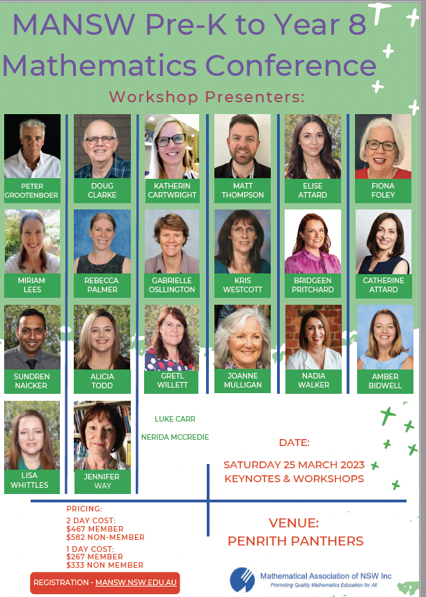 Come join me at the Pre K-8 MANSW conference- so much to learn, so many people to connect with #Maths #Primaryteaching #Newsyllabus