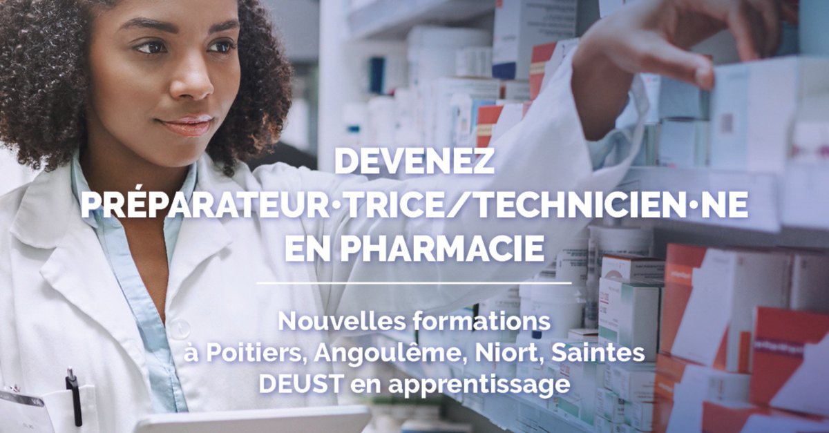 [FORMATION] 🎉Une nouvelle formation #DEUST prépateur-trice technicien-ne en #pharmacie ouvre en #apprentissage à l'@UnivPoitiers à Poitiers, Saintes, Angoulême et Niort ! 👉200 places ouvertes à la rentrée 2023 via @parcoursup_info ! + d'ℹ️nfos: univ-poitiers.fr/lancement-dun-…