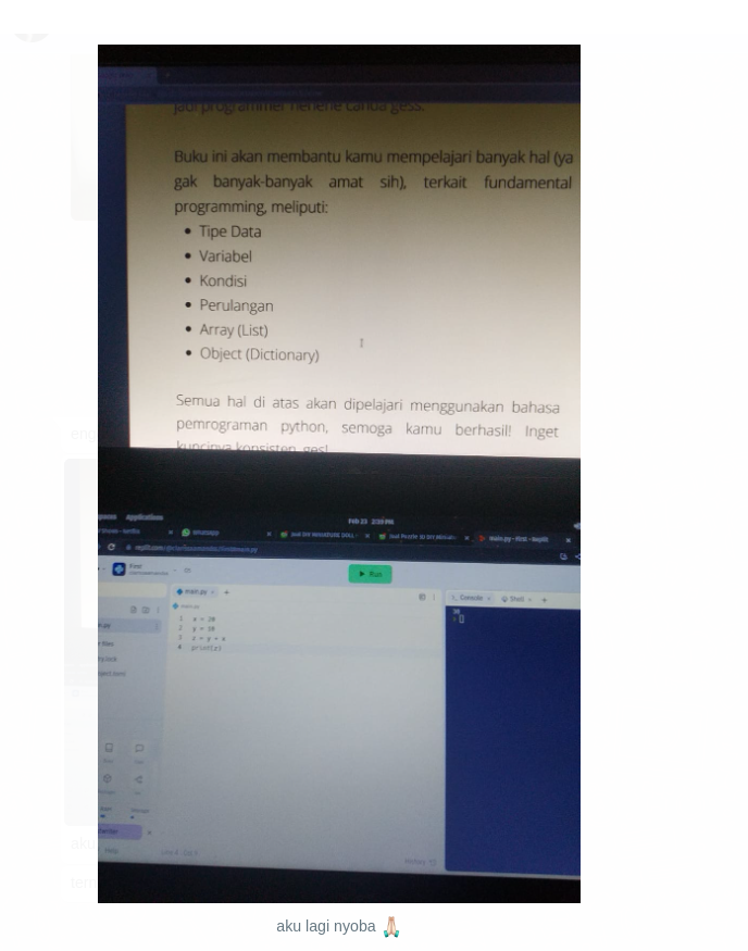 perogeremmer's tweet photo. Adek gue memutuskan pengen masuk kuliah jurusan IT karena ngeliat gue. Kita sebagai kakak support dan doakan saja semoga mentalnya kuat 🙏.

In frame, buku yang gue tulis buat ngajar privat dan laptop adek gue yang pake Elementary OS. Ohiya, adek gue kelas 3 SMA, dan cewek. https://t.co/VuJGCAxWL8