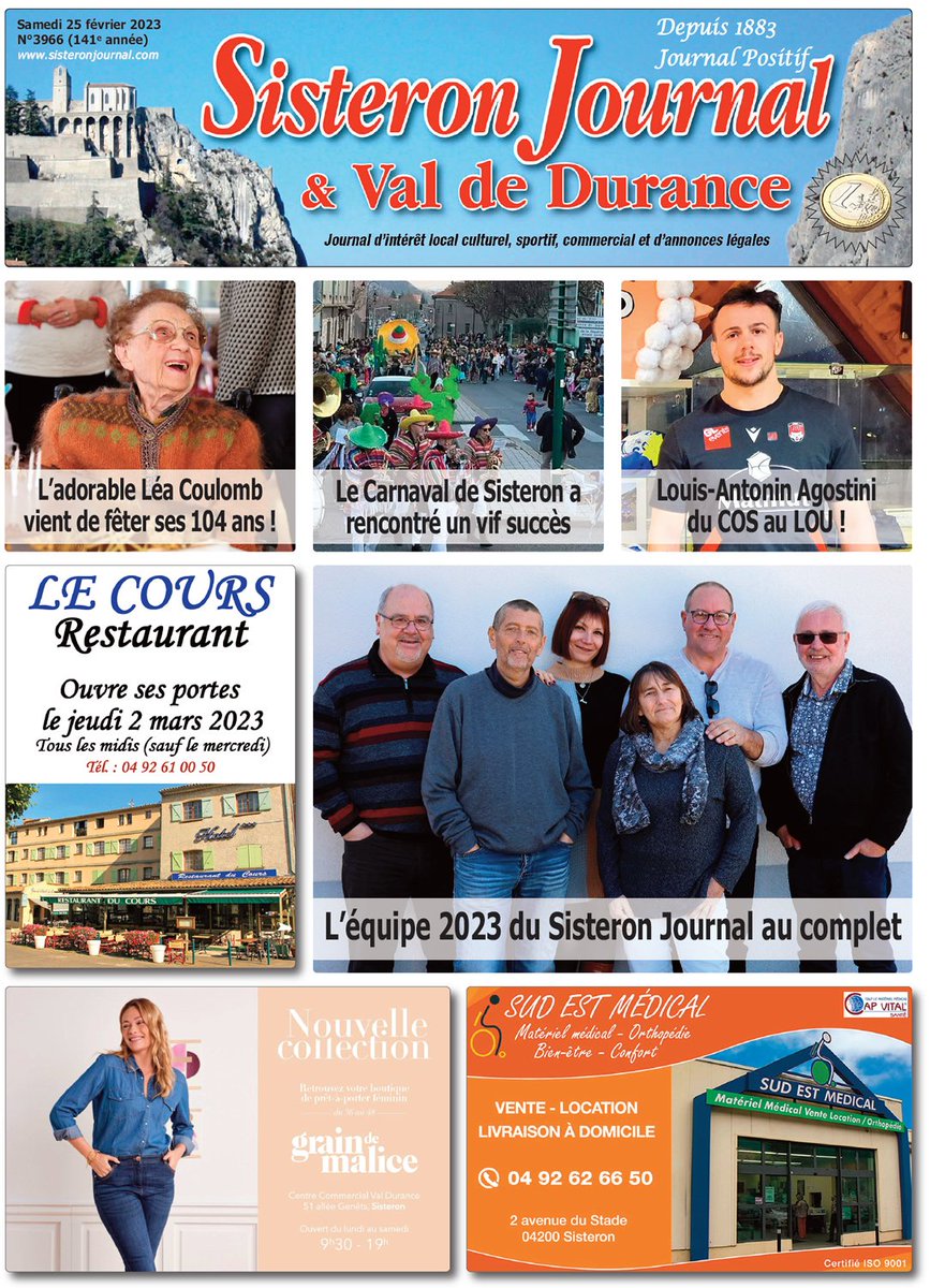 SisteronJournal's tweet photo. IL ARRIVE !!!
Sujets du Sisteron Journal cette semaine
Le Carnaval 2023 de Sisteron 
104 bougies pour l’adorable Léa Coulomb
Louis-Antonin Agostini : du COS au LOU !
La cité Paul Arène se mobilise pour les Restos du Cœur
Une belle récompense pour le chenil de Sisteron https://t.co/zm8DLgX87g
