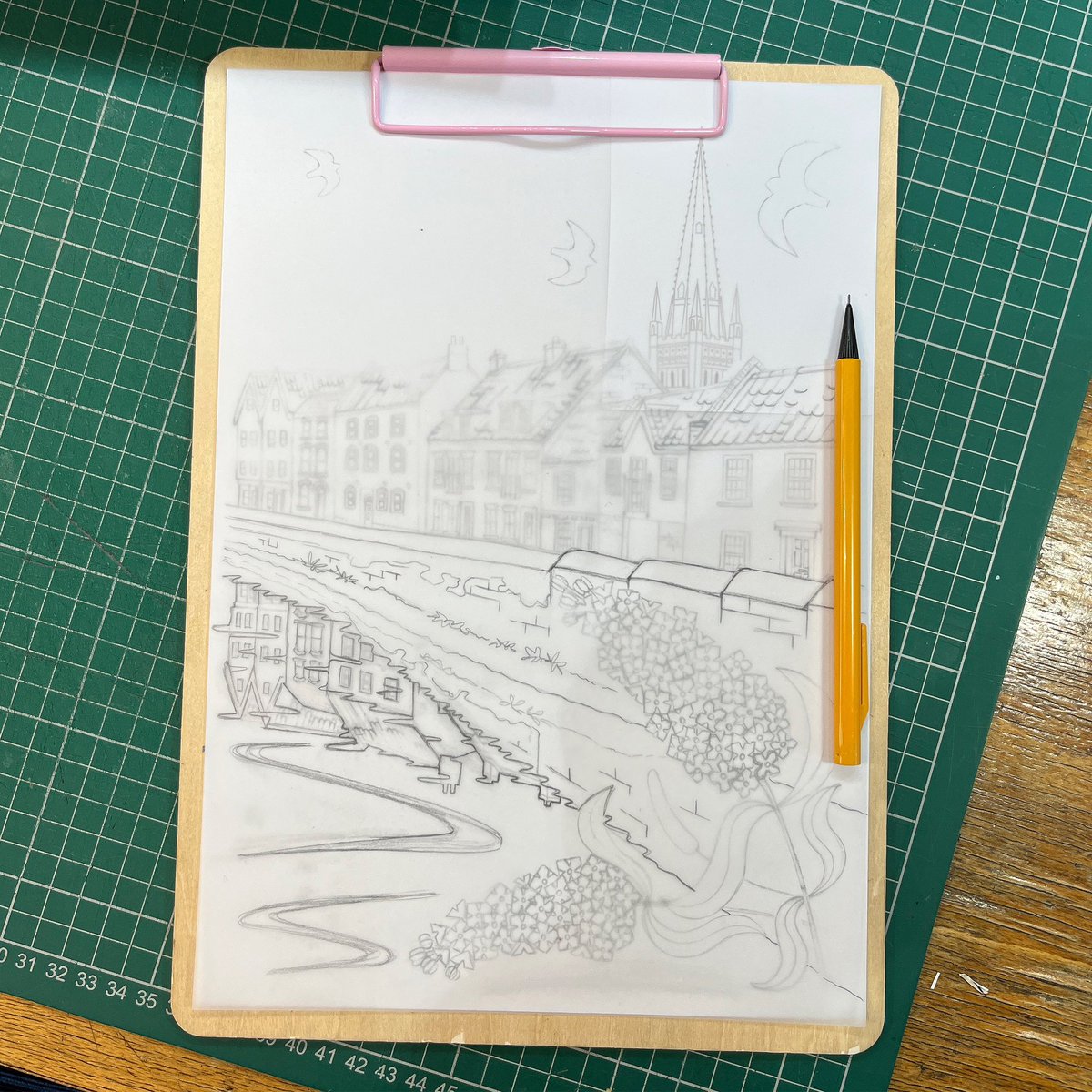 🪩 UPON REFLECTION… 🪩 Back to the drawing board and out with the tracing paper with this one. Fye Bridge, #norwich coming soon! #norfolkartist #norfolkprintmaker #wip