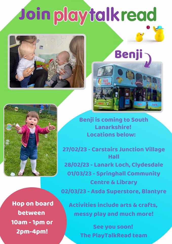 haughey_clare's tweet photo. ๐ฃ Exciting news @playtalkread Benji bus is coming to #Springhall and #Blantyre next week. Why not pop along with your wee ones for some fun, stories and messy play ? https://t.co/W9du4xq5QP