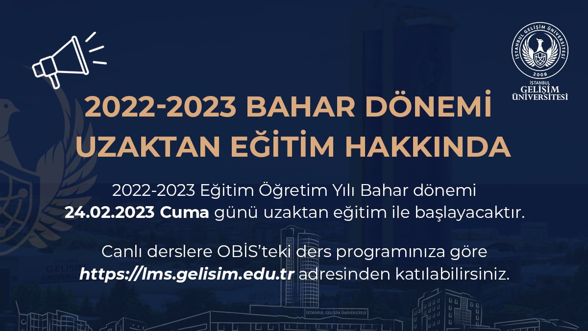 📢Sevgili Öğrencilerimiz,
24.02.2023 Cuma günü uzaktan eğitim ile bahar dönemi başlayacaktır.

Mail adresiniz ile ilgili tüm açıklamalara bidb.gelisim.edu.tr/tr/idari-iceri… adresinden ulaşabilirsiniz.

Detaylı bilgi için:
gelisim.edu.tr/duyuru/2022-20…