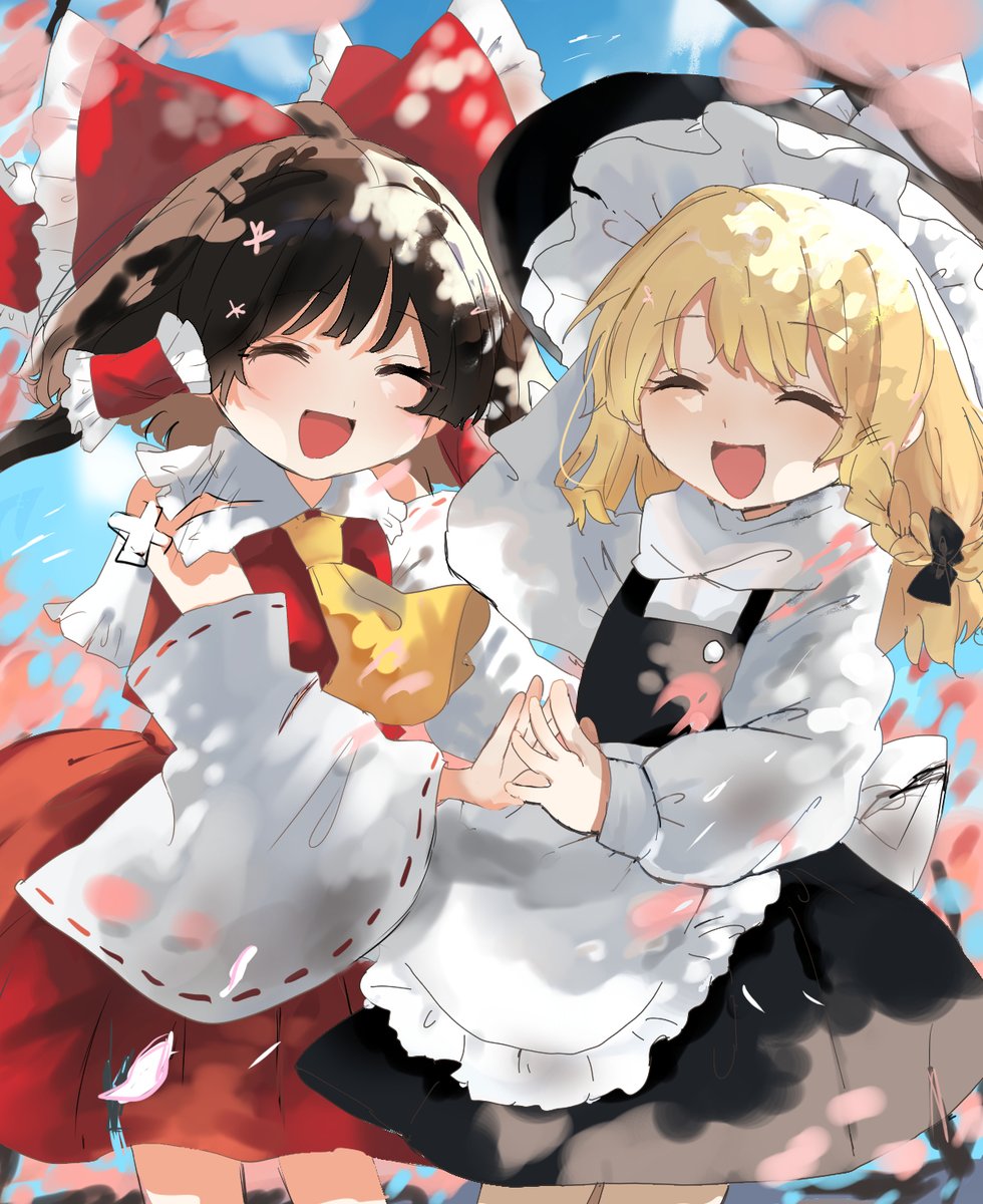 hakurei reimu ,kirisame marisa multiple girls 2girls hat blonde hair witch hat bow closed eyes  illustration images