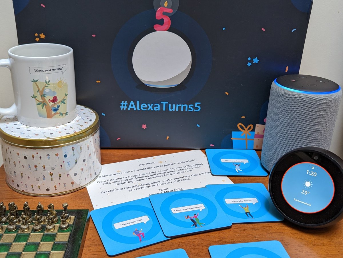 2shar's tweet photo. Coming from a multi-digital assistant household as I do, it's clear which one gets used the most by the family.

Congrats on turning 5, Alexa! Lovely little reminder of how far you've come!

#AlexaTurns5 https://t.co/xWGbg3QBvn