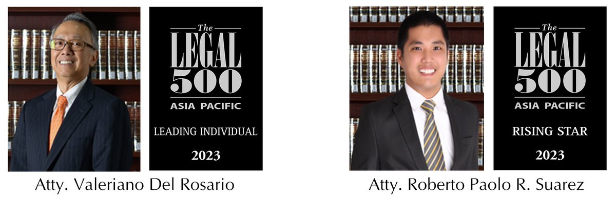 veralawph's tweet photo. The Legal 500 Asia Pacific 2023 edition recognized Atty. Valeriano Del Rosario, the firm’s Managing Partner, as a Leading Individual and Atty. Roberto Paolo Suarez, Senior Associate, as Rising Star in the Shipping practice category. https://t.co/6TMaAe4hmN