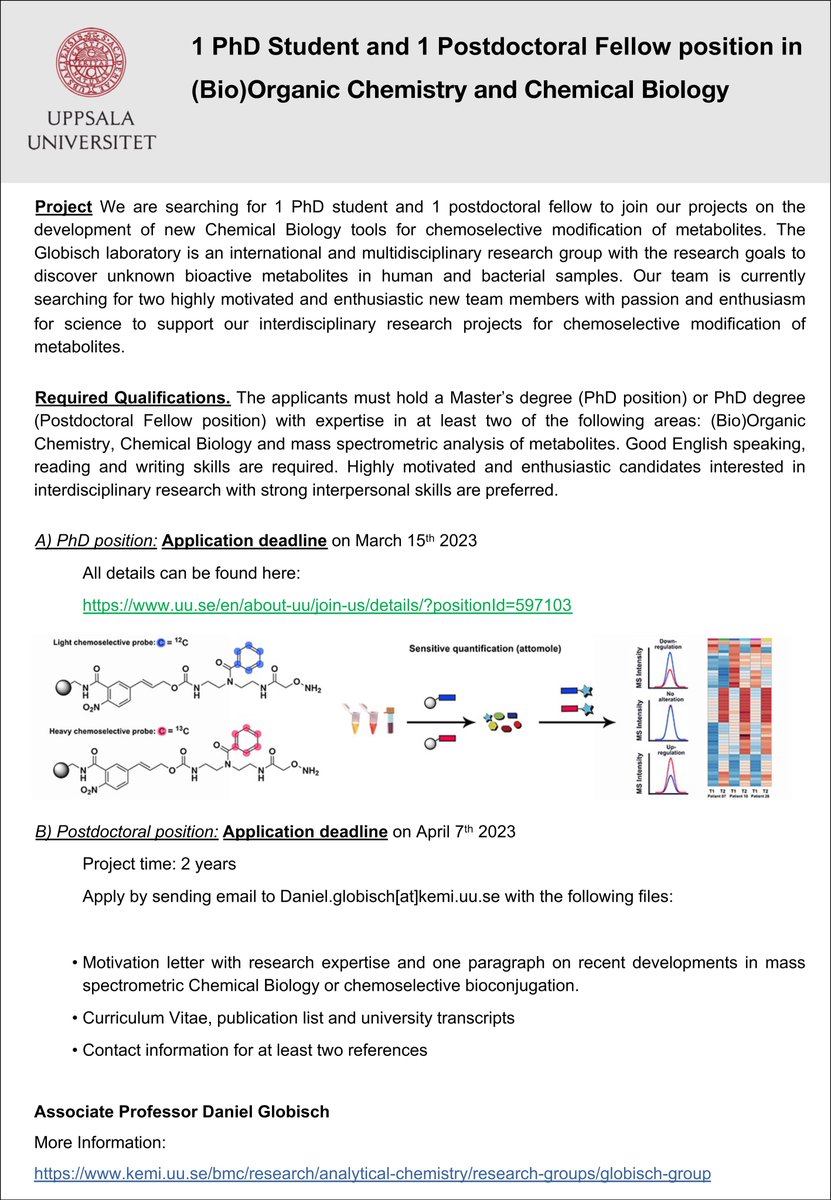 We are searching for 1 PhD student and 1 postdoctoral fellow for synthesis and development of chemoselective probes for metabolite analysis. Details can be found below and on my homepage. Please share with potential candidates. #chempostdoc #phdposition
kemi.uu.se/bmc/research/a…
