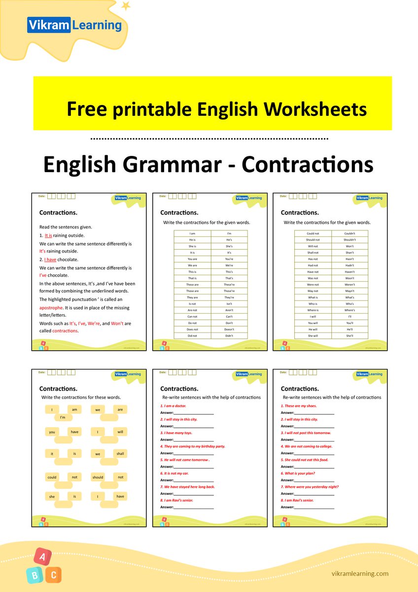 VikramLearning's tweet photo. English Grammer worksheets - Contractions
Download free printable PDF #worksheets
https://t.co/DBOUulj17S
Join FB Page & Group:
https://t.co/VeT2hX9hbl
https://t.co/b0i4jNZDqB
#vikramlearning #downloadworksheets #lkg #ukg #kindergarten #freeworksheets https://t.co/F1AQc892Zw