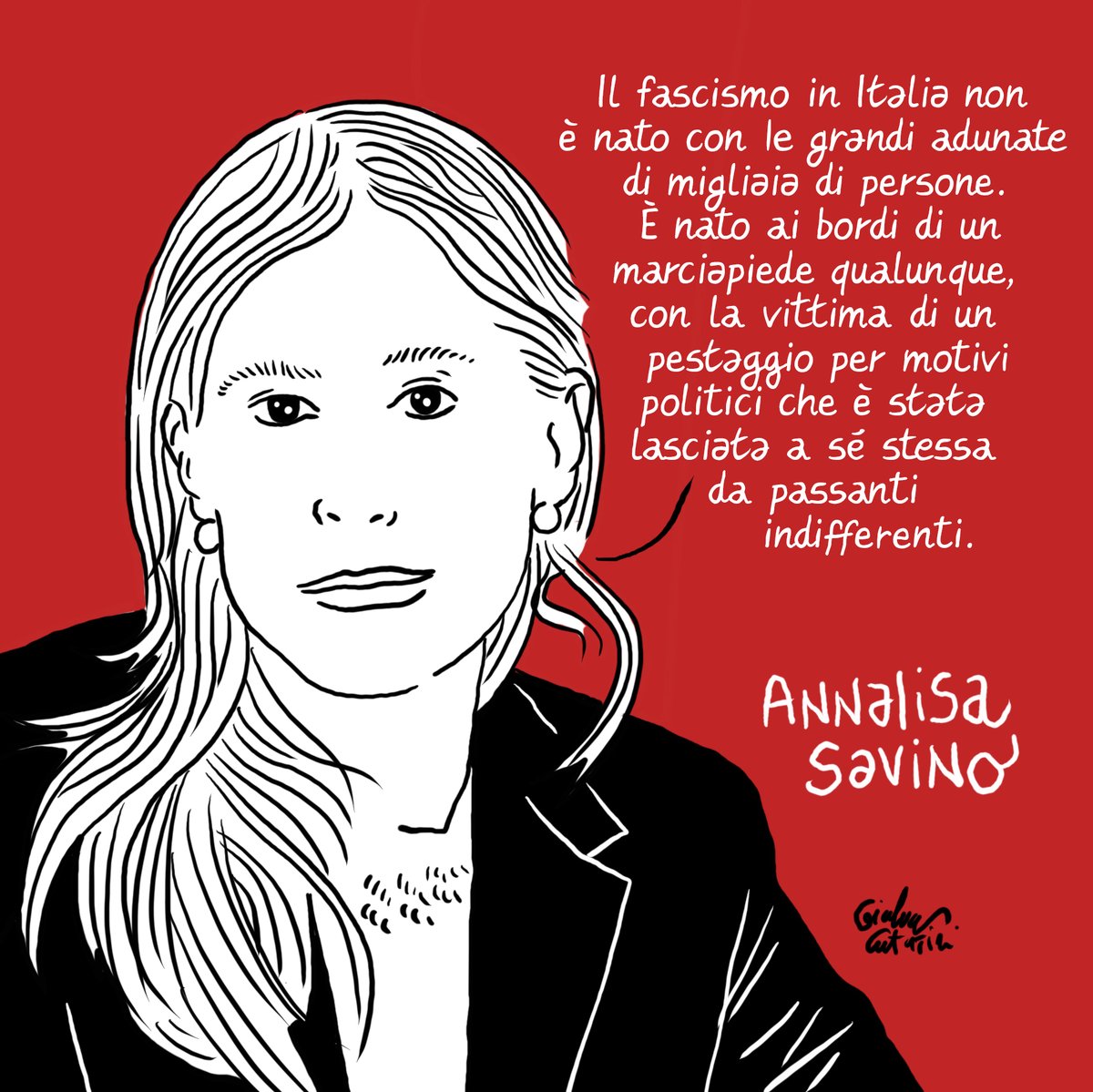 channeldraw's tweet photo. "Il fascismo in #Italia non è nato con le grandi adunate di migliaia di persone. È nato ai bordi di un marciapiede qualunque, con la vittima di un pestaggio per motivi politici che è stata lasciata a sé stessa da passanti indifferenti". Annalisa Savino
 #GraziePresideSavino https://t.co/xIOJ2Rr34B