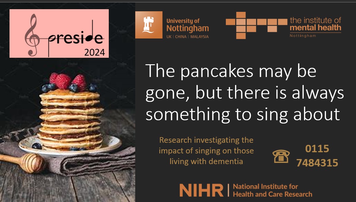 PRESIDE 2024 Study (@presidesinging) on Twitter photo Researchers <a href="/UniofNottingham/">Uni of Nottingham #WeAreUoN</a> <a href="/InstituteMH/">The Institute of Mental Health</a> are investigating how singing impacts those living with #dementia.
We are offering #free singing sessions for people with #dementia and their #carers.
Call ☎️0115 7484315 before it's too late⏱️ Researchers <a href="/UniofNottingham/">Uni of Nottingham #WeAreUoN</a> <a href="/InstituteMH/">The Institute of Mental Health</a> are investigating how singing impacts those living with #dementia.
We are offering #free singing sessions for people with #dementia and their #carers.
Call ☎️0115 7484315 before it's too late⏱️