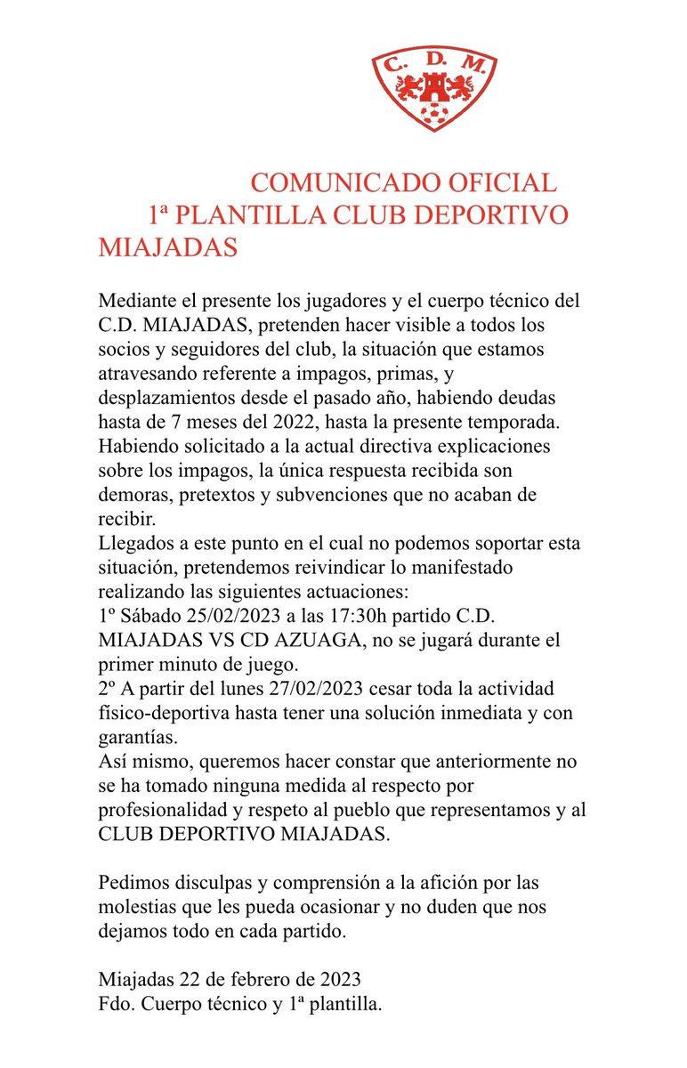 ruuubeeen15's tweet photo. COMUNICADO OFICIAL CLUB DEPORTIVO MIAJADAS. @cextremadura @deportesCEX @CopeExtremadura @radiogolex @MiajadasDeporte @HOYmiajadas @djpozo75 https://t.co/Rir9jAv1F1