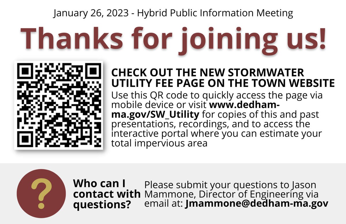 The Town of Dedham will be starting a new stormwater utility fee on July 1, 2023. For more info scan the QR code or visit the link.
