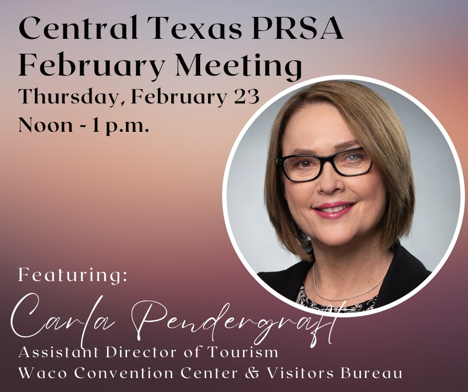 Join us today at noon for our February <a href="/PRSACenTex/">Central Texas PRSA Chapter</a> Member Meeting.

TOPIC: Waco’s Tourism Picture 2023
SPEAKER: Carla Pendergraft, Assistant Director of Tourism for the Waco CVB
TIME: Noon - 1 p.m. 
LOCATION: <a href="/TexasFarmBureau/">Texas Farm Bureau</a> - Conference &amp; Training Center, Training Room C