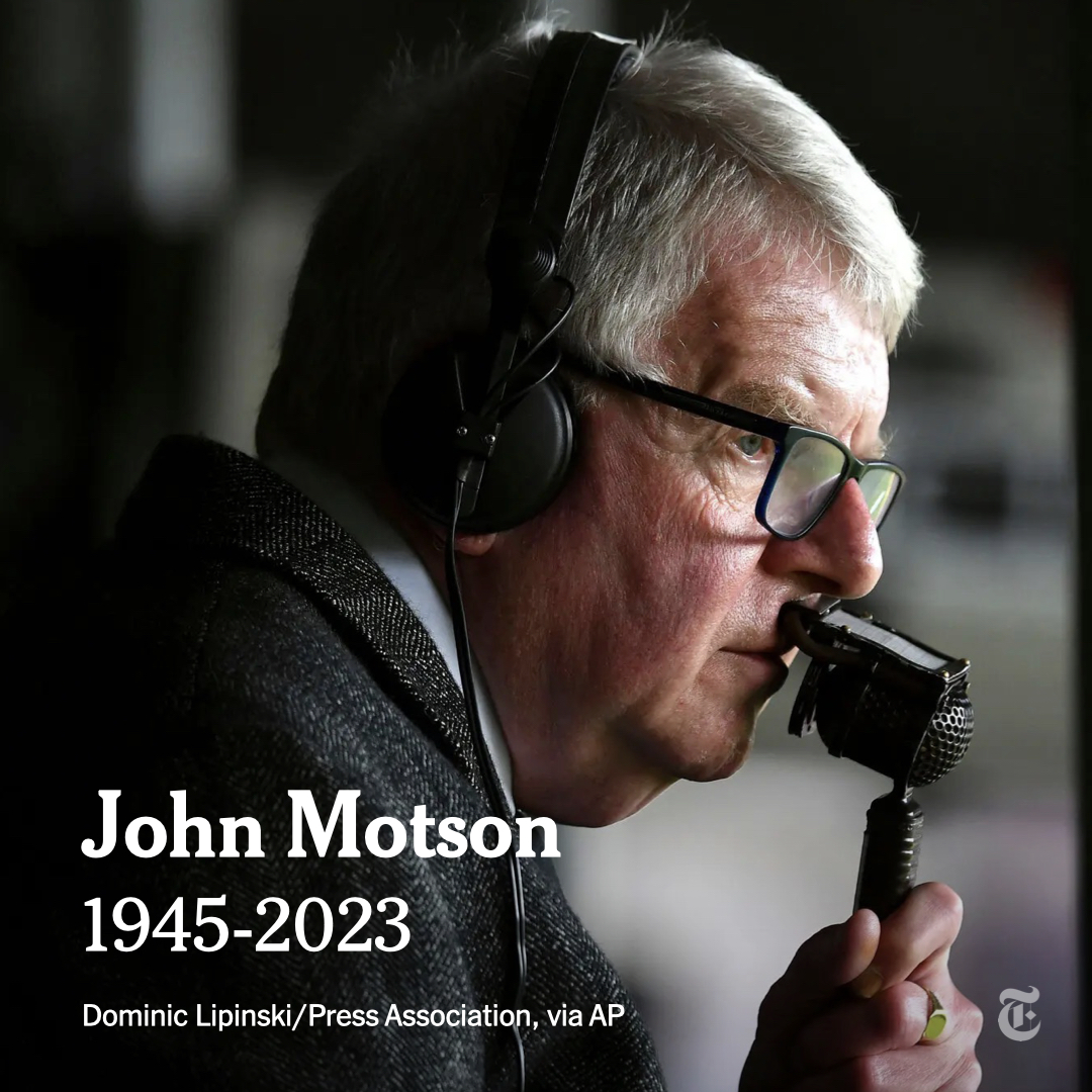 nytimes's tweet photo. John Motson, the soccer commentator whose animated voice was inseparable from many of the sport’s biggest moments over his 50 years at the BBC, has died at 77.

He covered 10 World Cups, 10 European Championships and 29 FA Cup finals.
https://t.co/GwThNcoff8 https://t.co/ECtIHEIO3V
