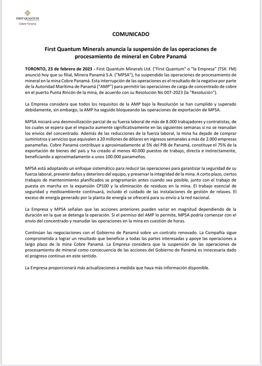 Alvaro Alvarado Sin Rodeos on Twitter "First Quantum Minerals