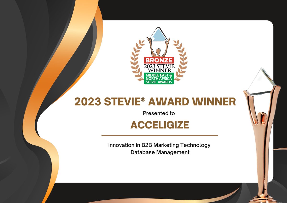 acceligize's tweet photo. @TheStevieAwards has recognized Acceligize with a Bronze award for Innovation in “B2B Marketing Database Technology Management”. It validates that Acceligize is creative in its data management &amp; marketing approach and symbolizes growth. #StevieWinner #StevieAwards #MENAStevie https://t.co/IHKpa0Jzv0
