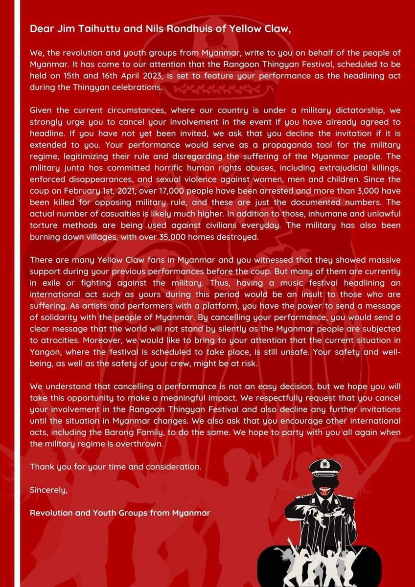 minn_robert's tweet photo. Dear @YELLOWCLAW we respectfully urge you to cancel your involvement in the Rangoon(#Yangon) Thingyan Festival.

Myanmar is in the middle of the war.
More than 3026 people were killed by the junta. I hope u r all able to understand the current situation.
#WhatsHappeningInMyanmar https://t.co/chvpeXGFXi