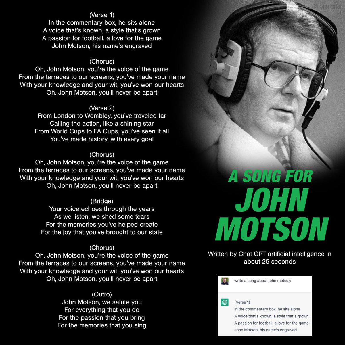 So I asked a chatbot to write a tribute song for John Motson, and 25 seconds later it wrote this for me

#RIPJohnMotson