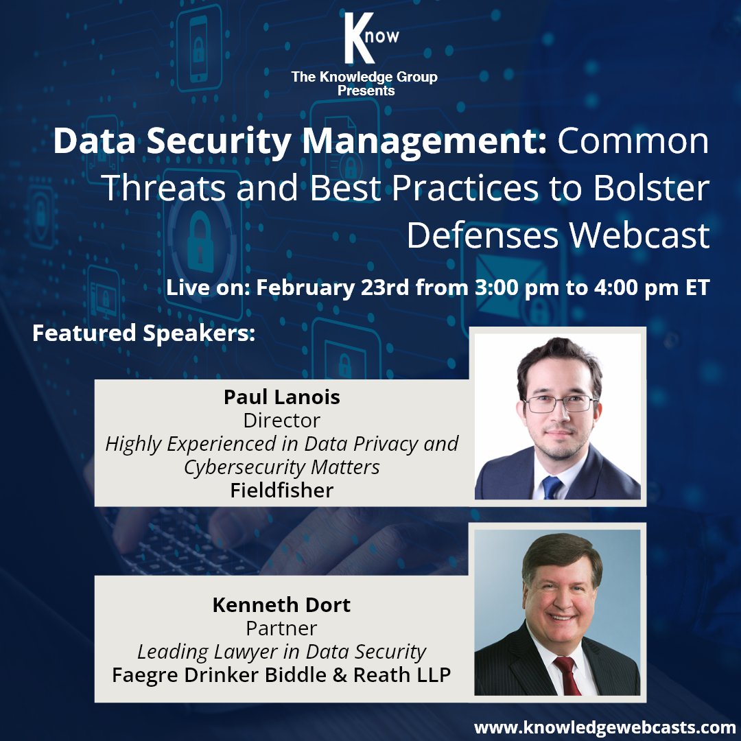 KnowGroupCLECPE's tweet image. Don’t miss our &quot;Data Security Management&quot; webcast today at 3 PM ET.
 
Get your discounted seat: zurl.co/EWCw
 
Featured speakers:  Paul Lanois of @Fieldfisher and Kenneth Dort of @FaegreDrinker

#DataSecurityManagement #DataSecurity #cybersecurity #cle #webcast #tkg