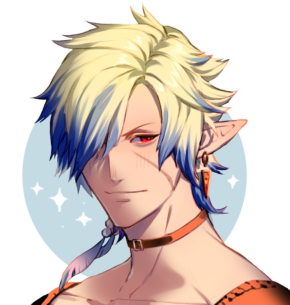 1boy male focus solo pointy ears jewelry red eyes earrings  illustration images