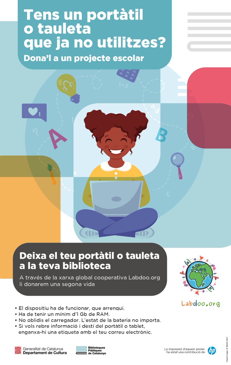 bibliotequescat's tweet image. 💻Teniu un portàtil o tauleta que ja no utilitzeu? Deixeu-lo a una de les 71 #BibliotequesCat adherides a la campanya de reciclatge de dispositius electrònics @labdoo_es. Podreu rebre informació del destí final del dispositiu

👉 tuit.cat/WCuHt