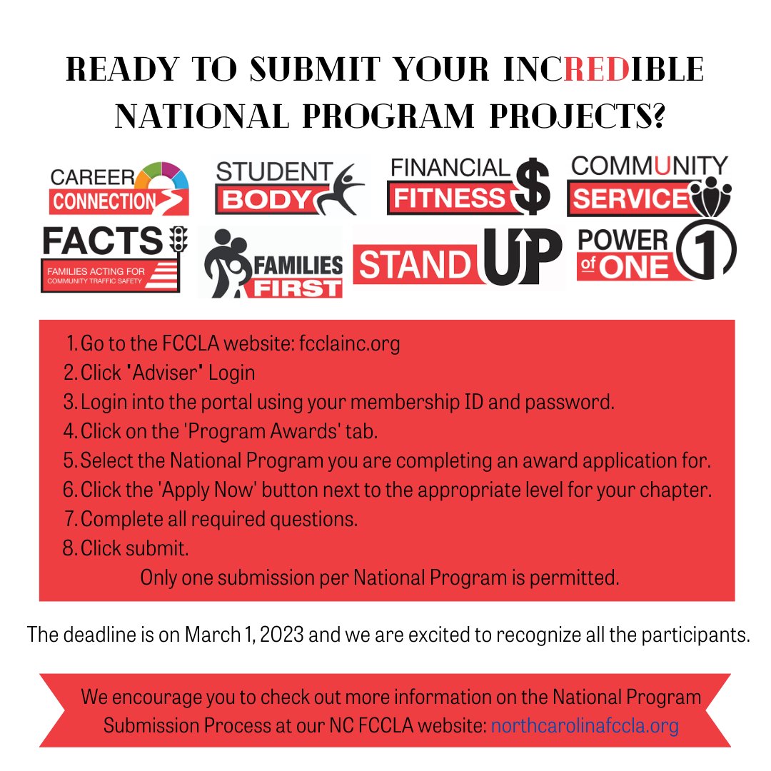 Happy Thursday, #NCFCCLA! The submission deadline for all your #incREDible National Program projects is March 1st. Here are the steps to submitting a project and we encourage you to see the NC FCCLA website to find more details. We look forward to recognizing all the submissions!
