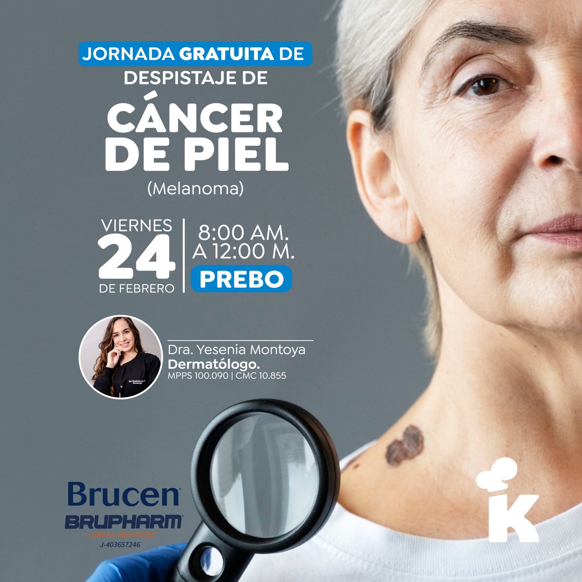 KromiMarket's tweet photo. ¿Sabías qué el 90% de los casos de #CáncerDePiel es asociado a la exposición de los rayos ultravioleta?
Por eso, junto a la Dra. Yesenia Montoya podrás asistir a una jornada de despistaje de cáncer de piel.
Te esperamos este 24 de febrero en nuestra tienda Prebo.
#Kromi https://t.co/NZoxuFFz0I