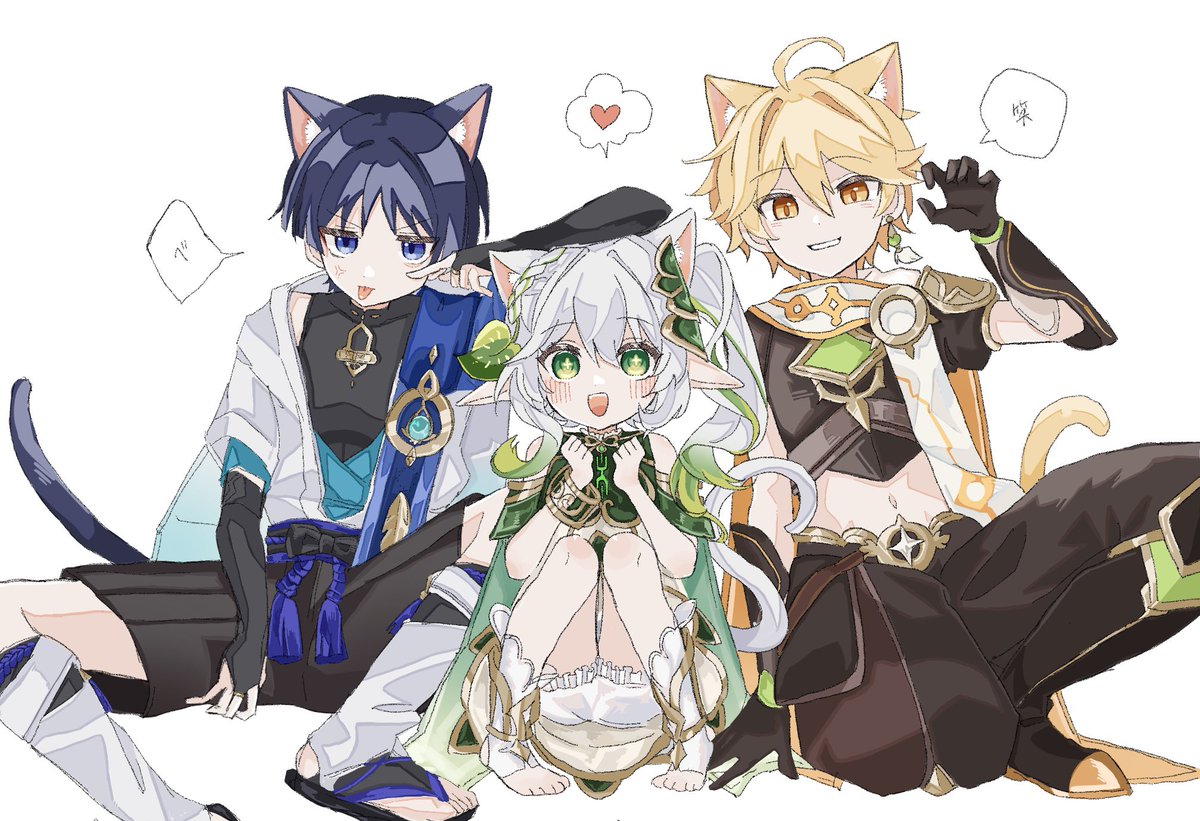 aether (genshin impact) ,nahida (genshin impact) ,scaramouche (genshin impact) animal ears cat ears cat tail multiple boys tongue green eyes blonde hair  illustration images