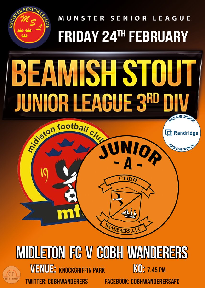 Beamish Stout Junior 3rd Division
Midleton FC v Cobh Wanderers
Friday 24th Feb - KO 7.45pm
Knockgriffin Park