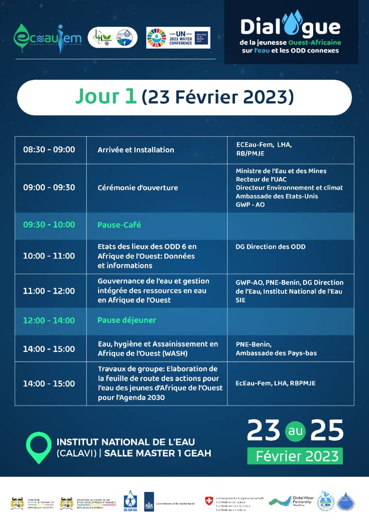 PmjeRb's tweet photo. Découvrons le programme de la première journée du Dialogue de la Jeunesse Ouest-Africaine sur l'eau et les ODD connexes.

#djeoa 
#dialoguejeunesse
#UN2023WaterConference 
#YouthForClimateAction 
#UN2023WaterConference 
#WaterGeneration 
#YouthForClimateAction 
#ThirstyForChange https://t.co/kTM51tt098
