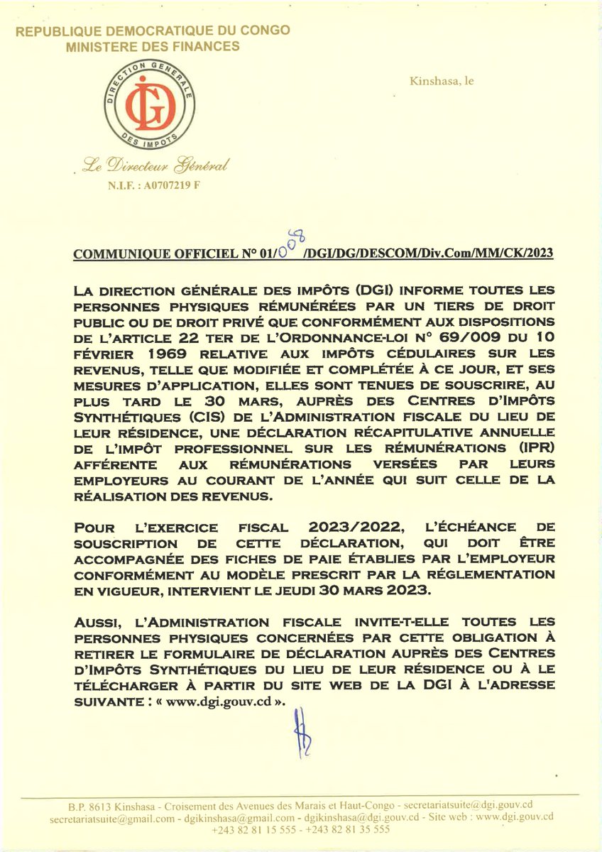 dgi_rdc's tweet photo. Toutes les personnes physiques rémunérées par un tiers de droit public/privé sont tenues de souscrire au près des #CIS du lieu de leurs résidences une déclaration récapitulative annuelle de l'IPR au plus tard le 30 mars.
#Echeance #Mpako #Dgi https://t.co/HGIAxDEmcv