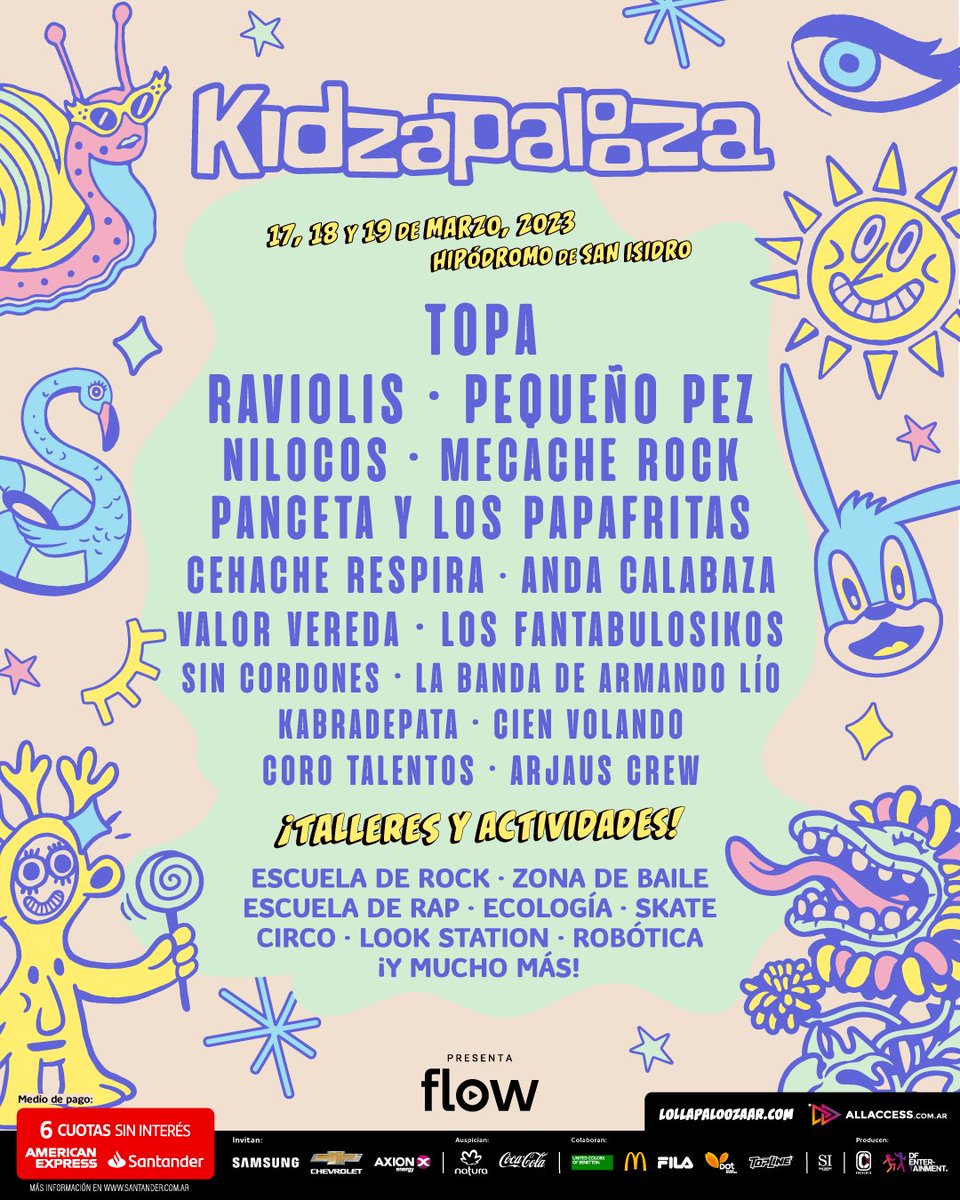 lollapaloozaar's tweet photo. ¡LLEGÓ EL LINE UP DE #KIDZAPALOOZA! 🎪

Kizdapalooza es el espacio para los más pequeños con actividades recreativas y shows que fusionan la diversión y la música 🧸

¿Están listos para disfrutar en familia? https://t.co/3SP3g5vsZZ