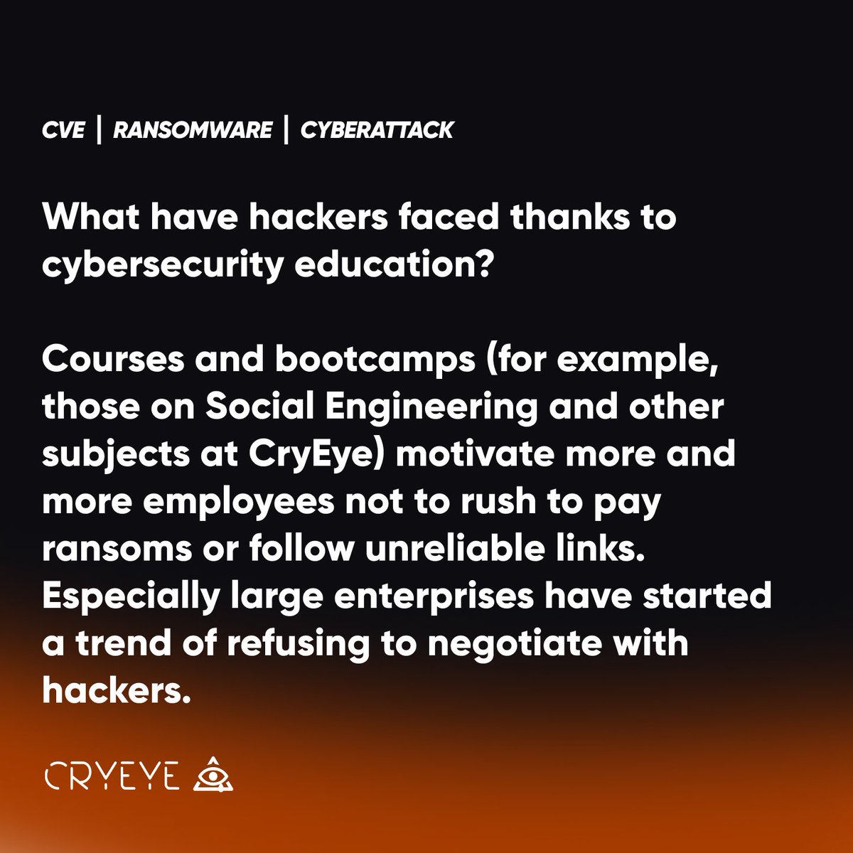 insom_ai's tweet photo. The CryEye team has always emphasized that new market developments motivate #hackers to create more sophisticated #cyberattack methods.
Consequently, the nature of #ransomware has changed.
Sign up at red@cryeye.net and stay safe with #CryEye!
#cybersecuritytips #Pentesting https://t.co/1mZBQcnGIQ