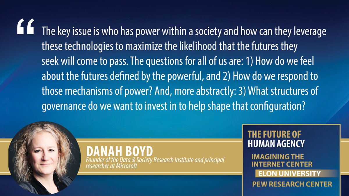 ITDFuture's tweet photo. Investigate the future of human agency with insights from @zephoria, founder of @datasociety &amp; principal researcher at @Microsoft, in the new #FutureOfHumanAgency report from @ImagineInternet &amp; @PewResearch. READ: https://t.co/xIvxWeM1ff https://t.co/wj8SBviRwZ