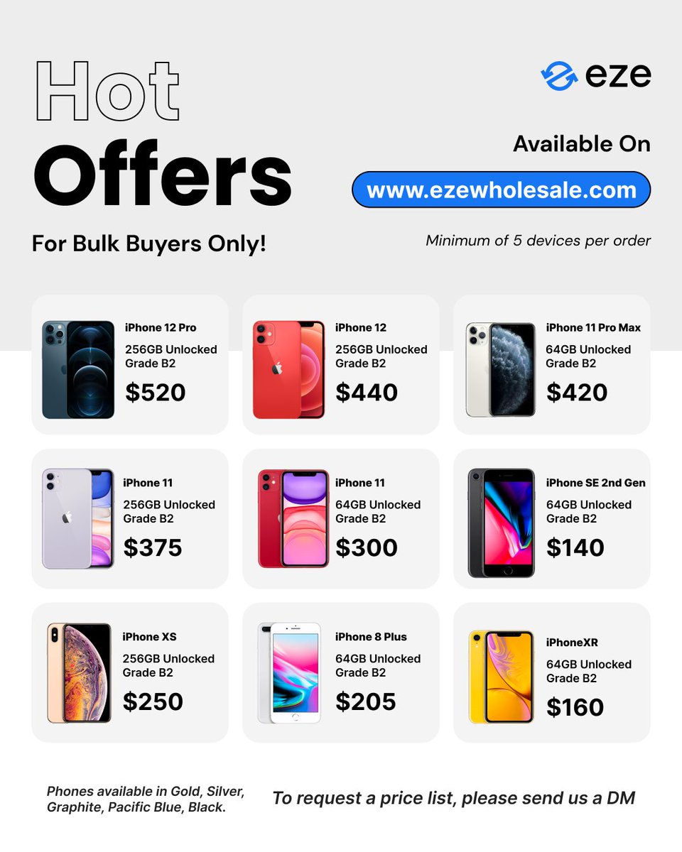 ezewholesale's tweet image. Retailers, don't miss out on our hot offers on Grade B iPhones!

Order them in bulk at ezewholesale.com and resell to your buyers at amazing prices!

#UsediPhones #iPhone15 #iPhoneSupplier #GradeB #Apple #ElectronicsWholesale