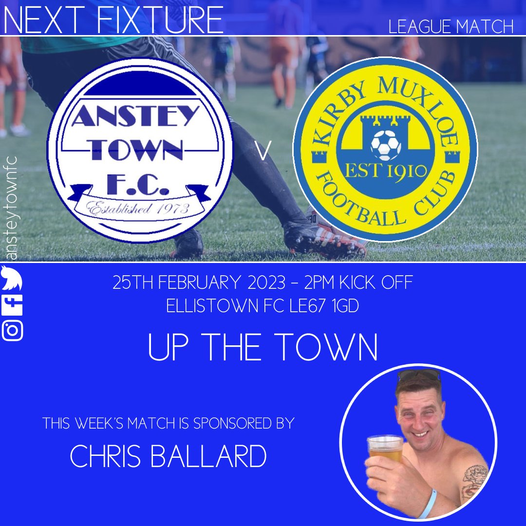 AnsteyTownFC's tweet photo. The Town will be looking to continue the good run of results in a mid-table clash against @KirbyMuxloeFC Reserves this Saturday. Get down, support the lads and have a beer with our matchday sponsor Chris 🍻⚽ https://t.co/y5kLjqGVFQ