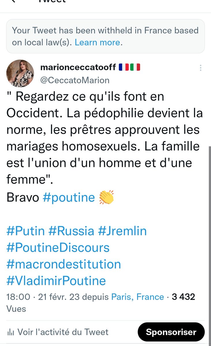 CeccatoMarion's tweet photo. Euh en #France on ne peut plus rien dire ? 🤔
#PoutineDiscours #poutine #MacronDestitution #vladimirpoutine #Russia #Jremlin #UkraineRussianWar https://t.co/JBdphWlgvO