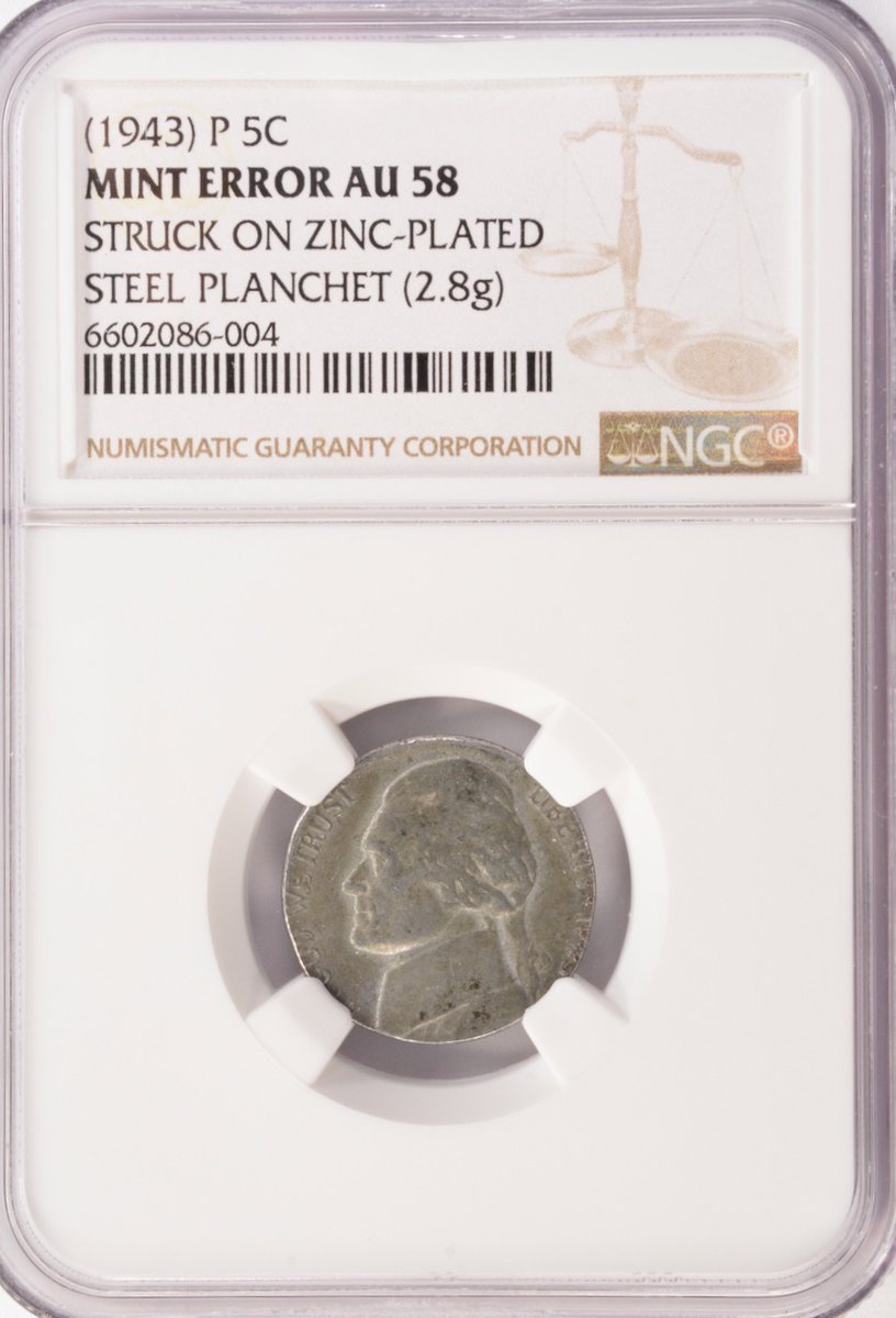 sullivancoins's tweet image. NGC 5c (1943-P) War Nickel on Steel Cent Planchet AU58

A scarce error type, although enough exist to make them within reach of most collectors. 

AU58 luster under the medium gray/brown toning. 

Price $3,000
sullivannumismatics.com/coin/ngc-5c-19…

#minterror #mintmistakes #errorcoins #coins