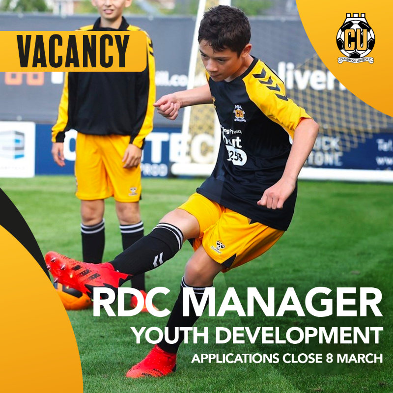 CambridgeUtdFC's tweet photo. Cambridge United Academy are recruiting an U15/U16 Phase Lead Coach.

Three new jobs have been posted this week - scroll below for more. 👇
