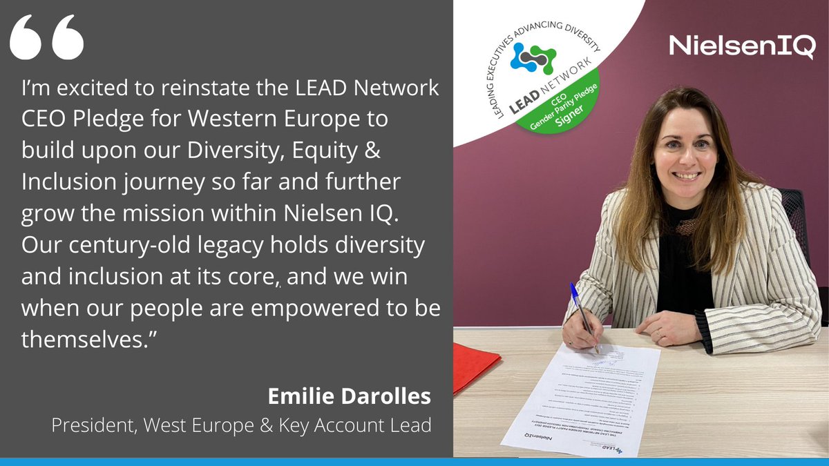 Lead_eu_net's tweet photo. We're thrilled to announced Emilie Darolles, President of West Europe and Key Account Lead at @NielsenIQ has signed the @Lead_eu_net CEO Gender Parity. 
More info: https://t.co/Z3ehUrF0FU
#LEADNetwork23  #GenderEquality  #femaleleadership https://t.co/oqWwBXKnV1